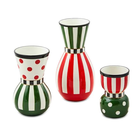 MacKenzie-Childs Red & Green Ceramic Vases Set of 3 NEW - Picture 1 of 2